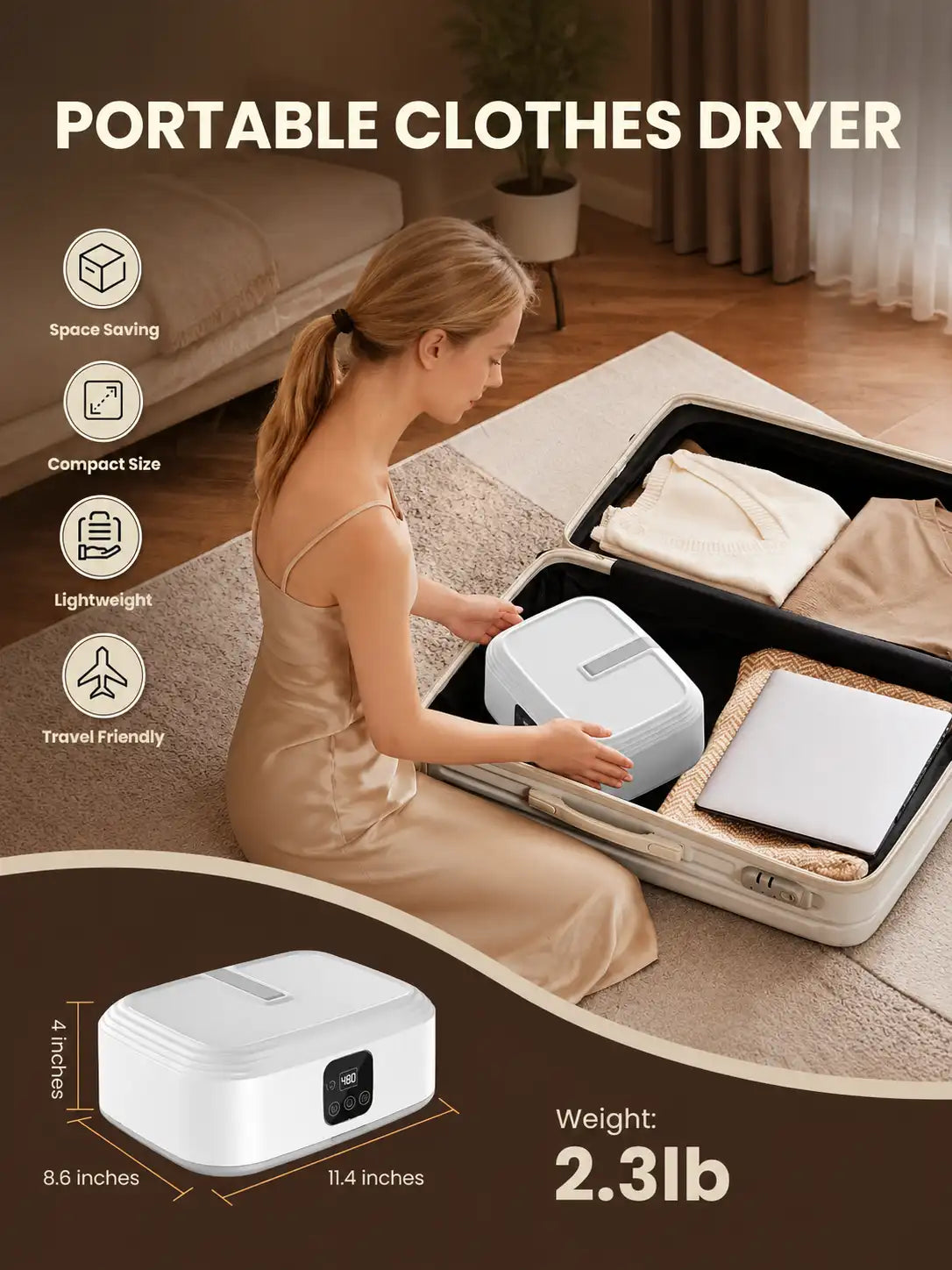 Portable Electric Clothes Dryer, Foldable Hot Air Drying Heater with Cover Bag, Timer, White