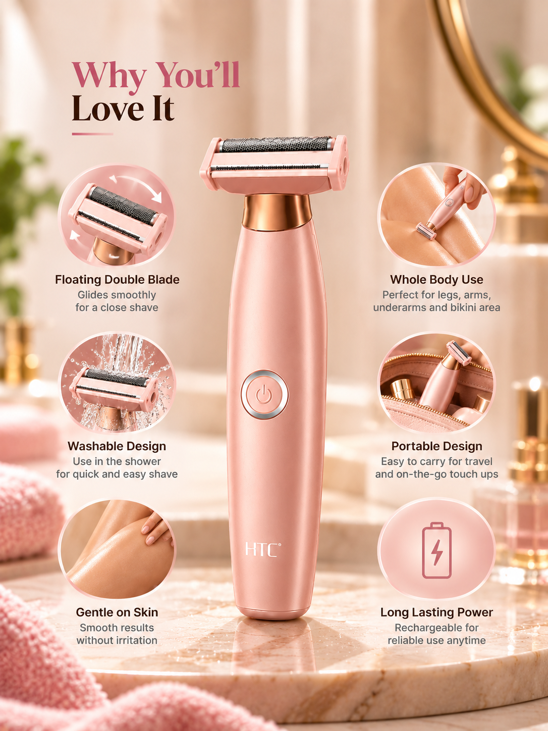 HTC Rechargeable Ladies Electric Shaver – Smooth & Gentle Hair Removal