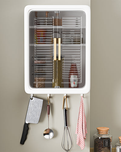 Wall Mounted Storage Cabinet with Transparent Sliding Door & Hooks – Dustproof Organizer for Bathroom, Kitchen & Bedroom