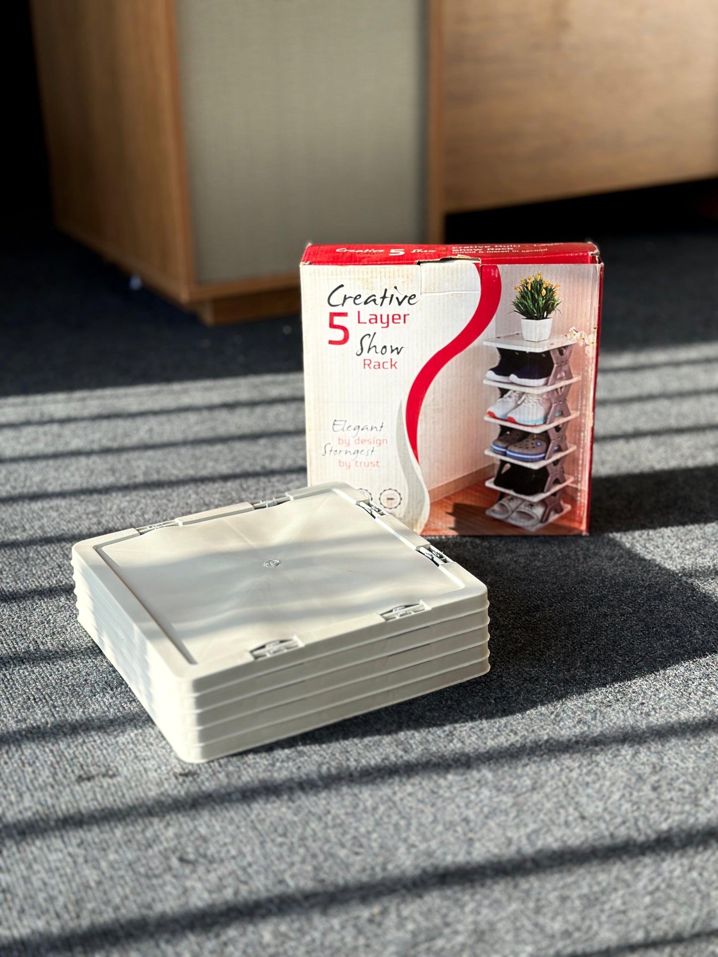 5-Tier Adjustable Display Stand, Modern Design, Heavy Duty Plastic Construction, Adjustable Height Shelves, Grey Finish