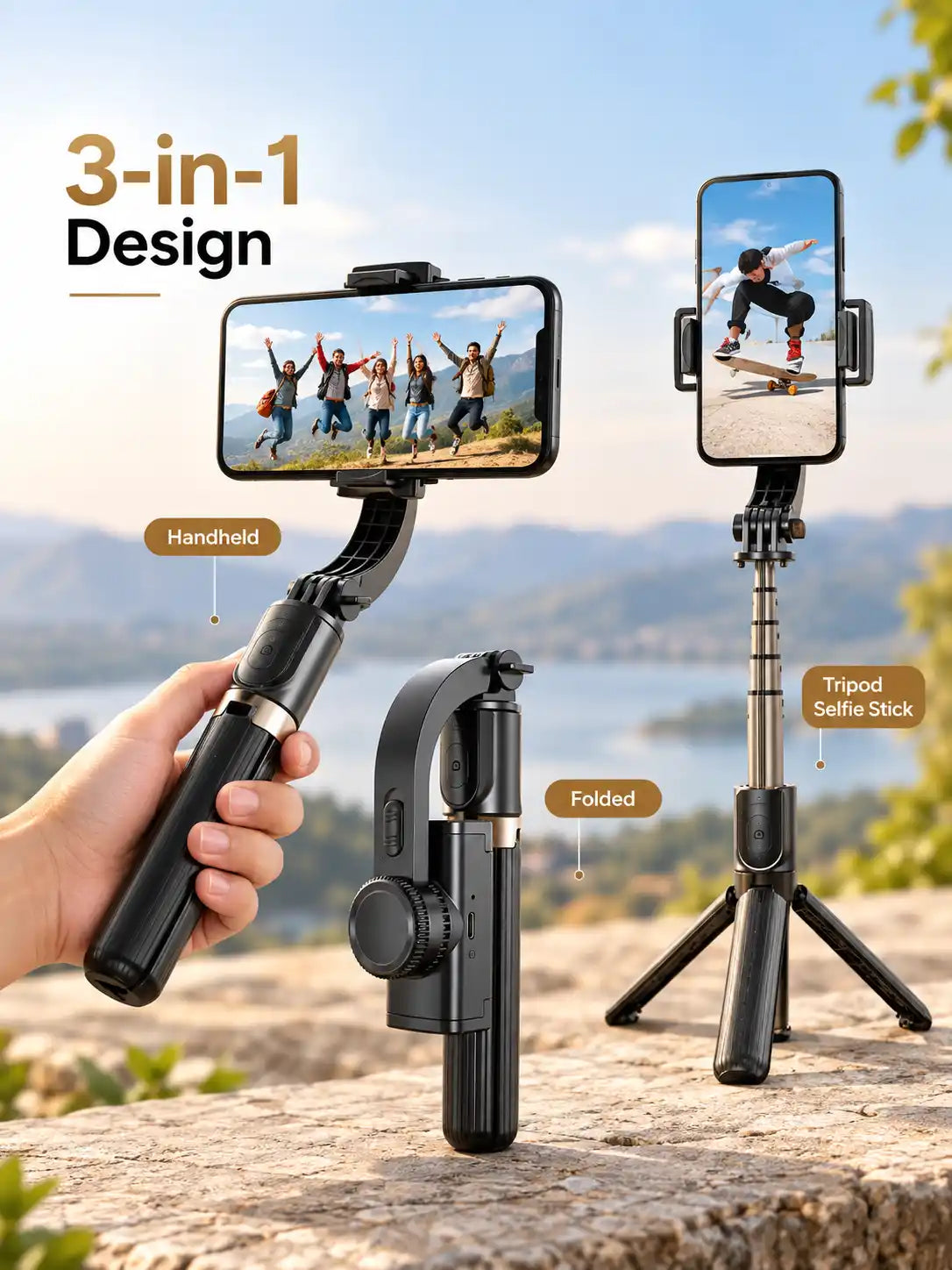 Q08 3-in-1 Gimbal Stabilizer Selfie Stick & Tripod