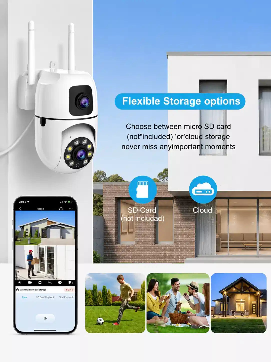Dual Lens WiFi Security Camera, 1080P HD, Color Night Vision, Two Way Audio, App Control