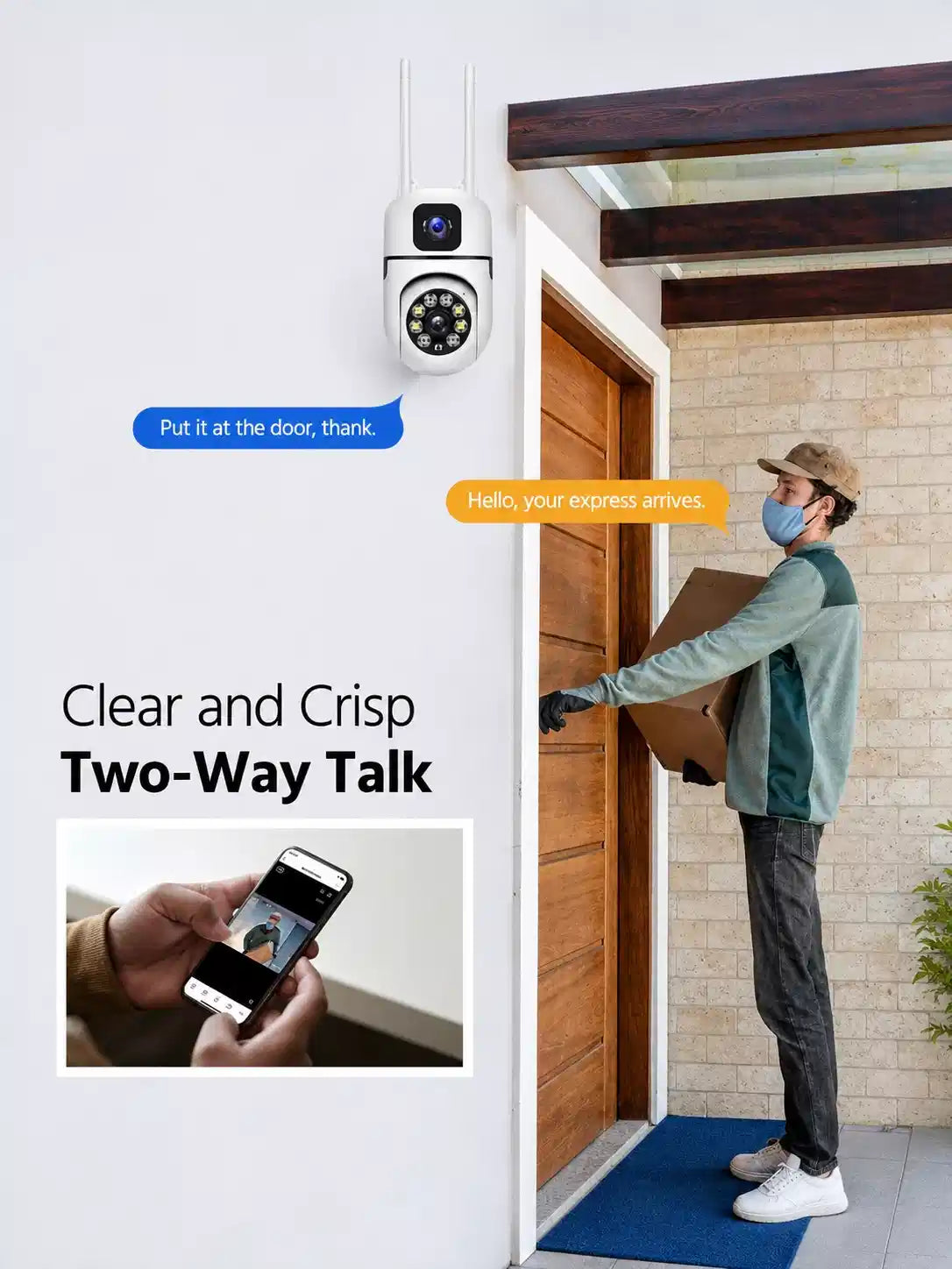 Dual Lens WiFi Security Camera, 1080P HD, Color Night Vision, Two Way Audio, App Control