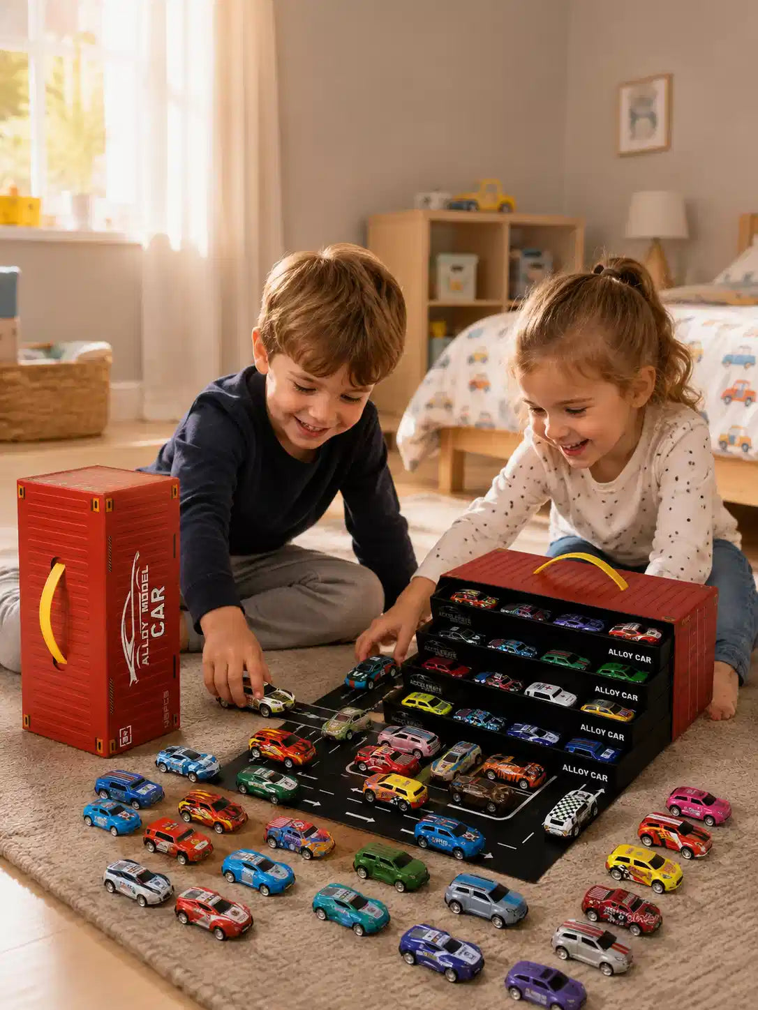 48 Pieces Alloy Pull Back Toy Cars Set for Kids, Mini Die-Cast Model Cars with Storage Case, Age 3+