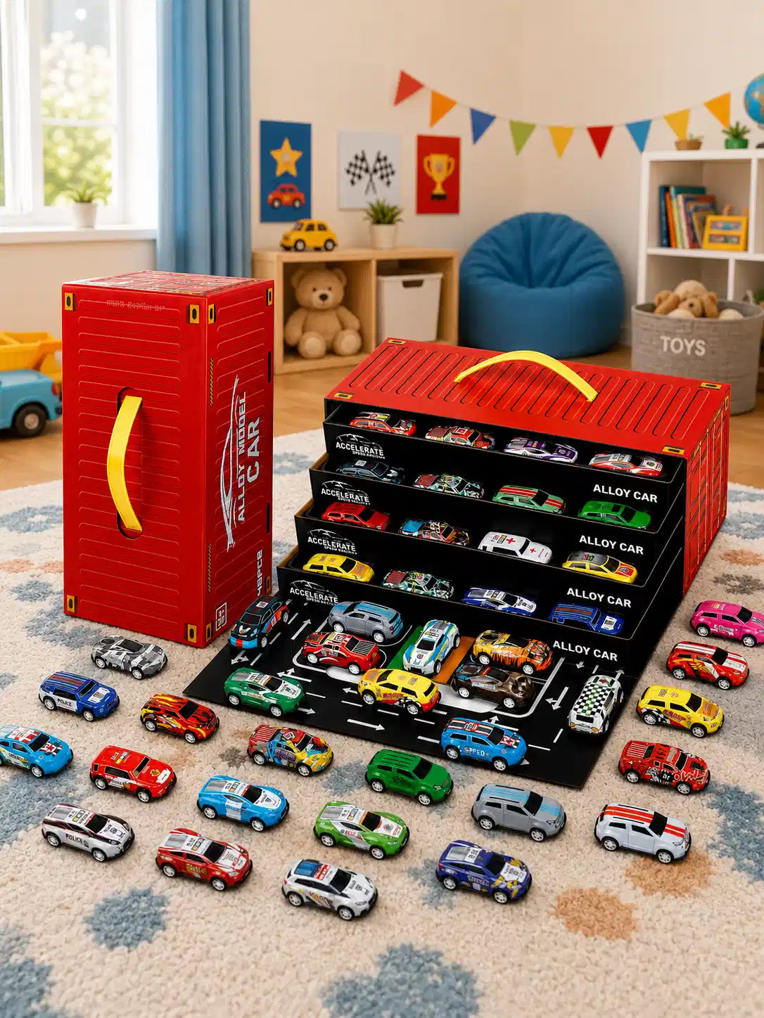 48 Pieces Alloy Pull Back Toy Cars Set for Kids, Mini Die-Cast Model Cars with Storage Case, Age 3+