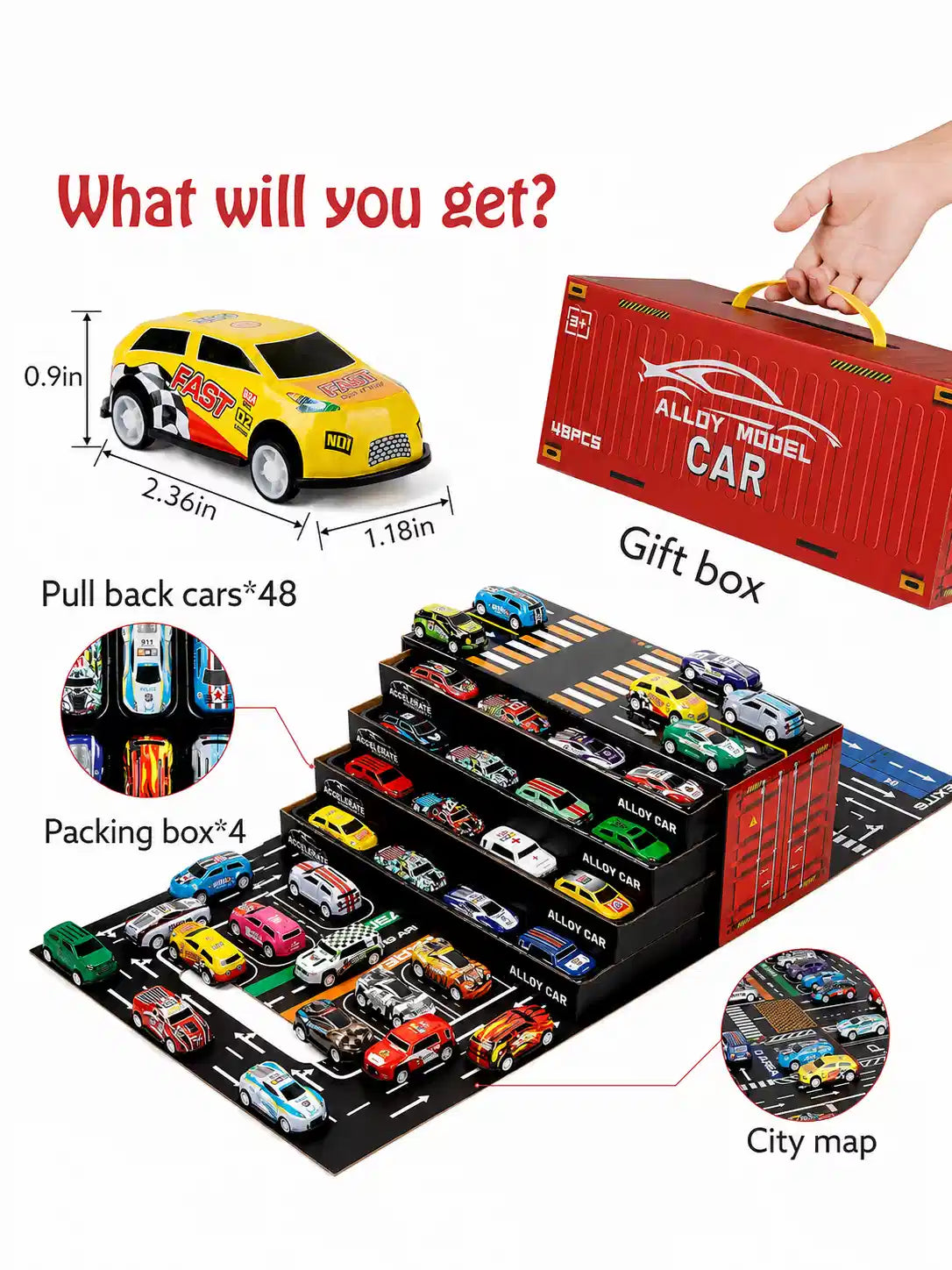 48 Pieces Alloy Pull Back Toy Cars Set for Kids, Mini Die-Cast Model Cars with Storage Case, Age 3+