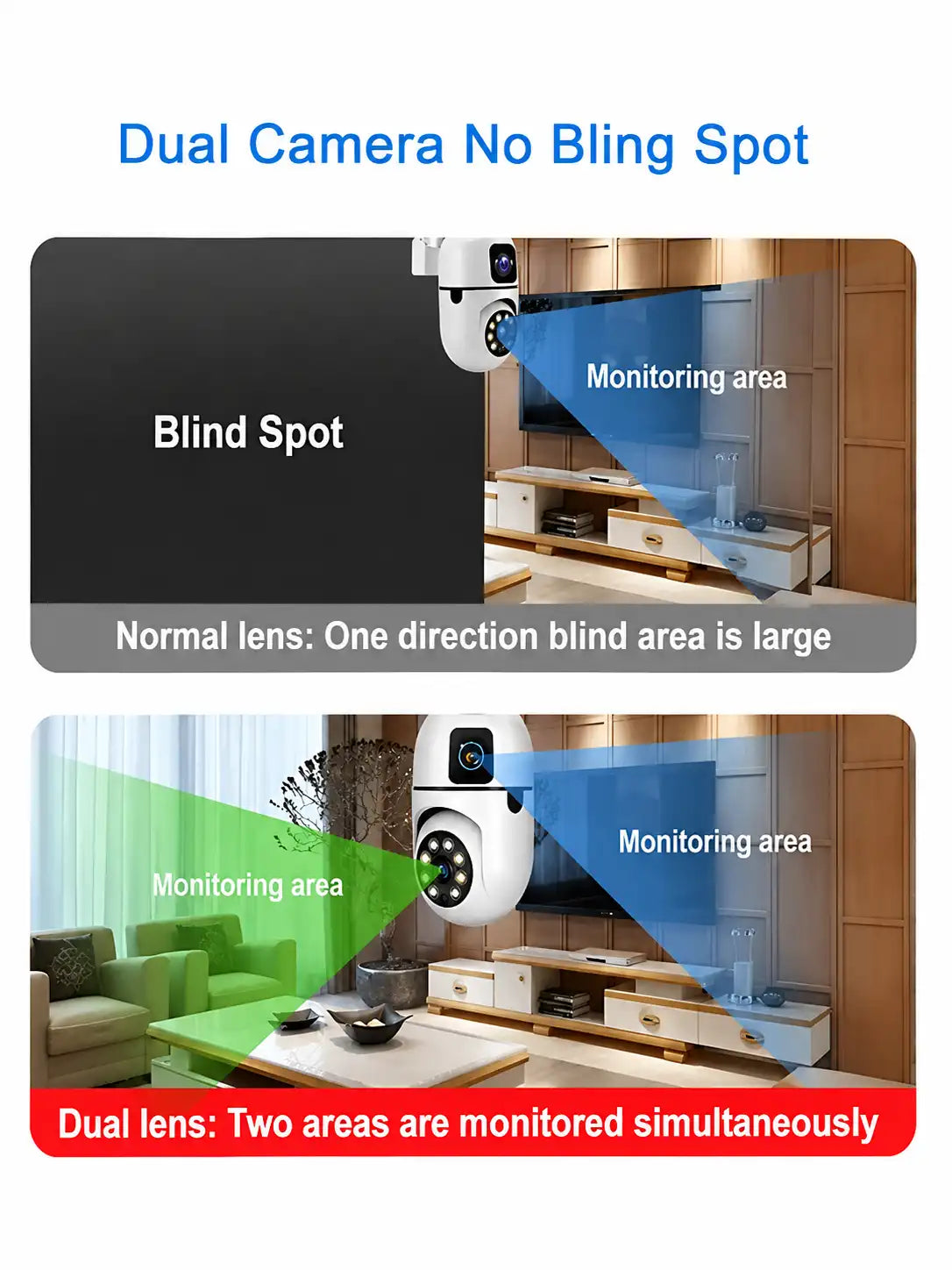 Dual Lens WiFi Security Camera, 1080P HD, Color Night Vision, Two Way Audio, App Control