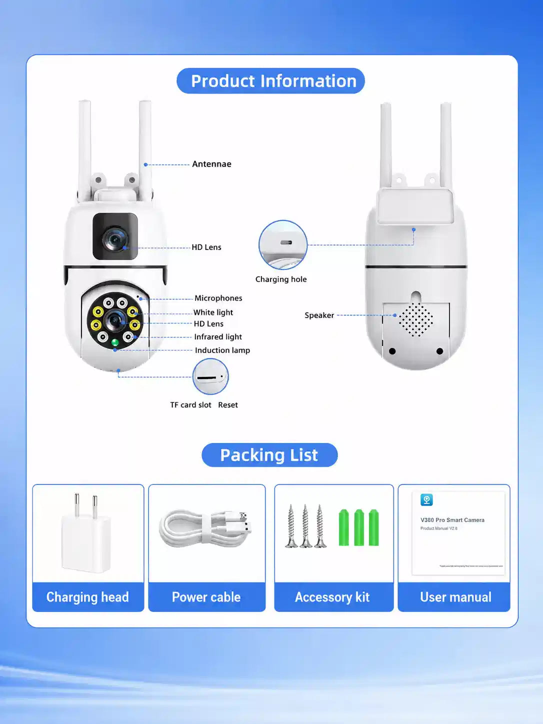 Dual Lens WiFi Security Camera, 1080P HD, Color Night Vision, Two Way Audio, App Control
