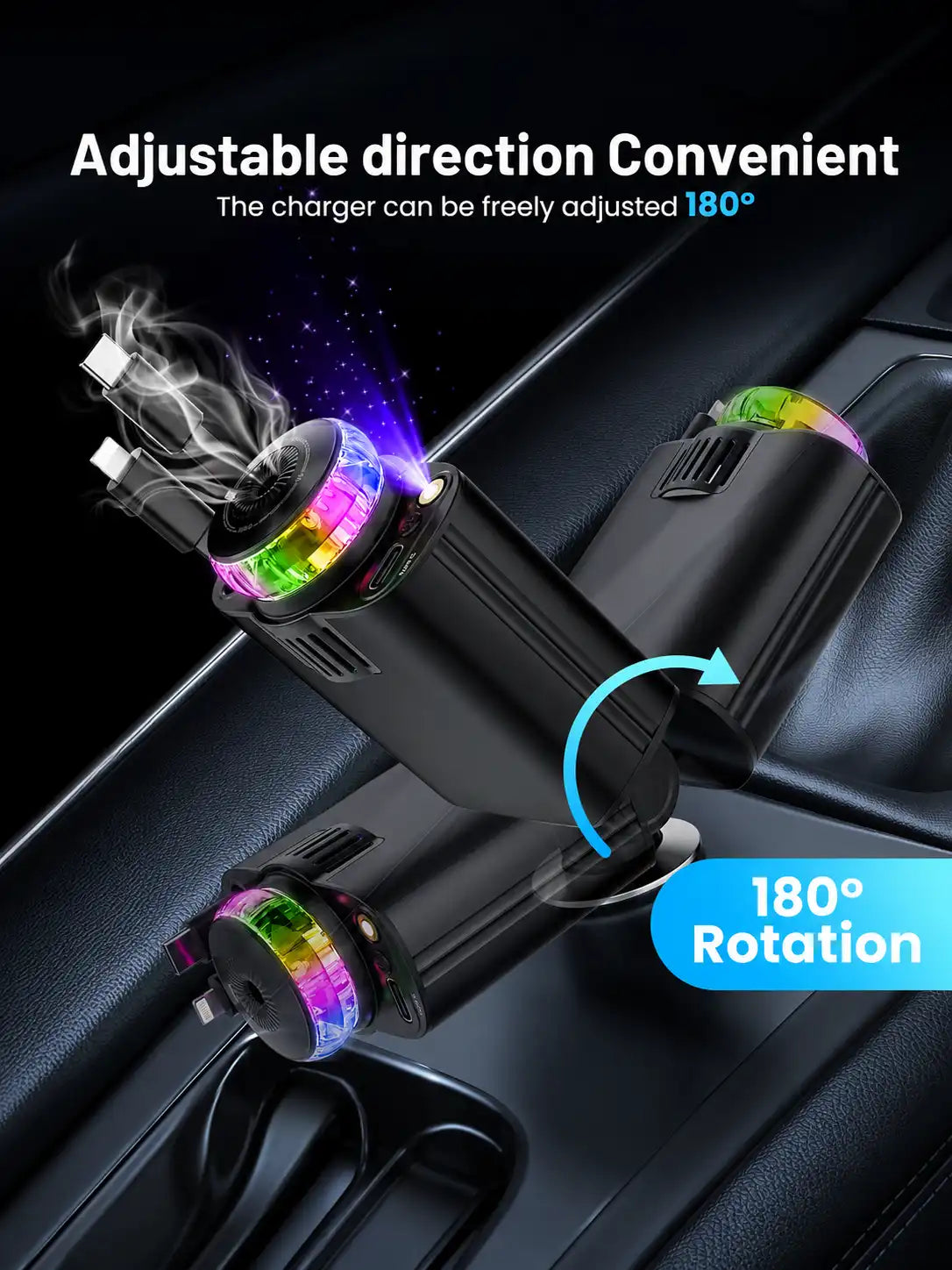 5 IN 1 Starlight Retractable Car Charger with Aroma Diffuser and Built-in USB-C and Lightning Cables for iPhone and Android