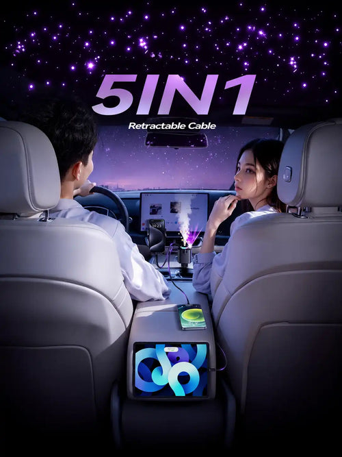 5 IN 1 Starlight Retractable Car Charger with Aroma Diffuser and Built-in USB-C and Lightning Cables for iPhone and Android