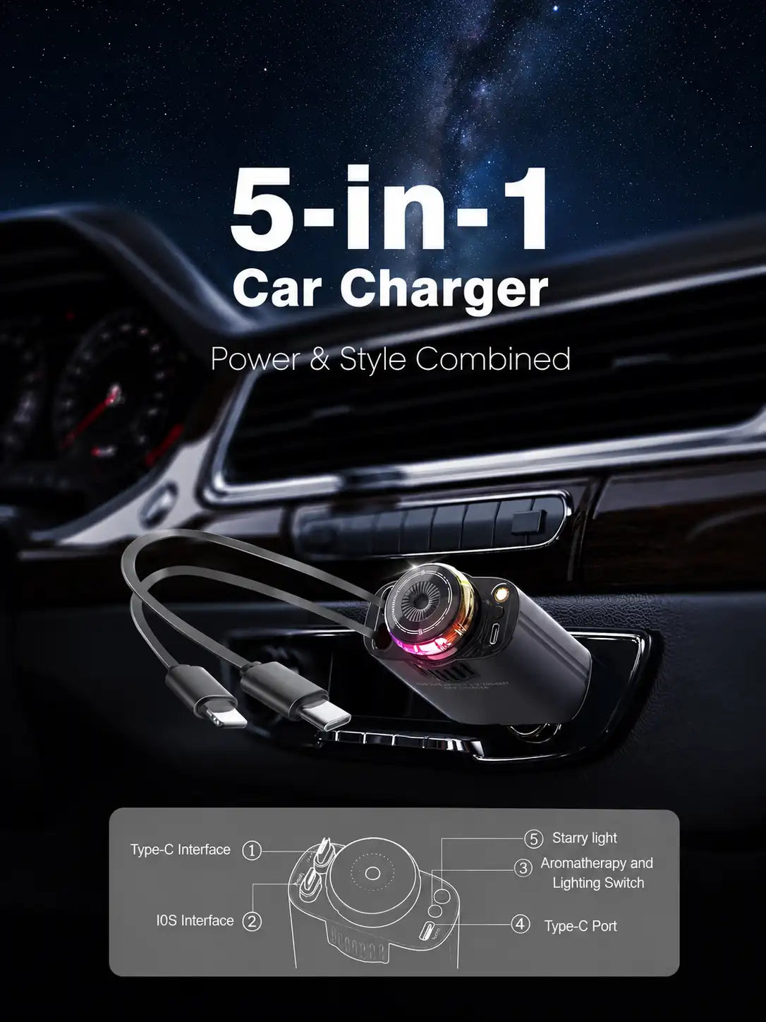 5 IN 1 Starlight Retractable Car Charger with Aroma Diffuser and Built-in USB-C and Lightning Cables for iPhone and Android