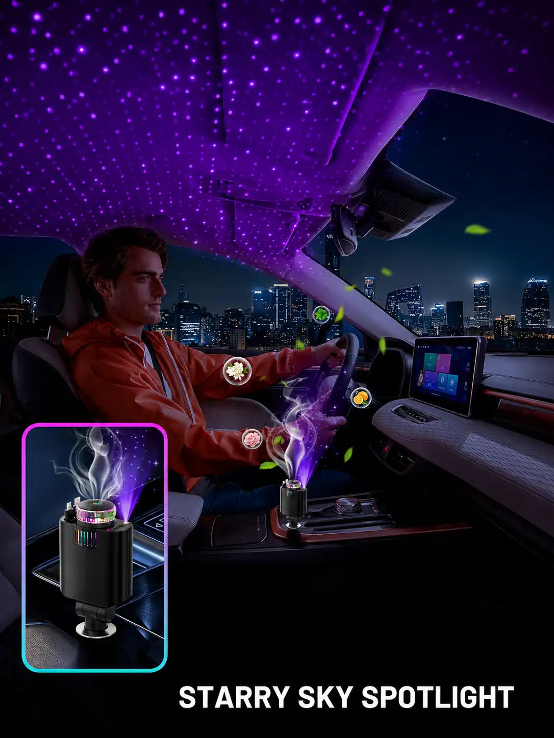 5 IN 1 Starlight Retractable Car Charger with Aroma Diffuser and Built-in USB-C and Lightning Cables for iPhone and Android