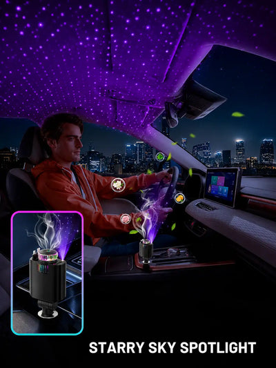 5 IN 1 Starlight Retractable Car Charger with Aroma Diffuser and Built-in USB-C and Lightning Cables for iPhone and Android