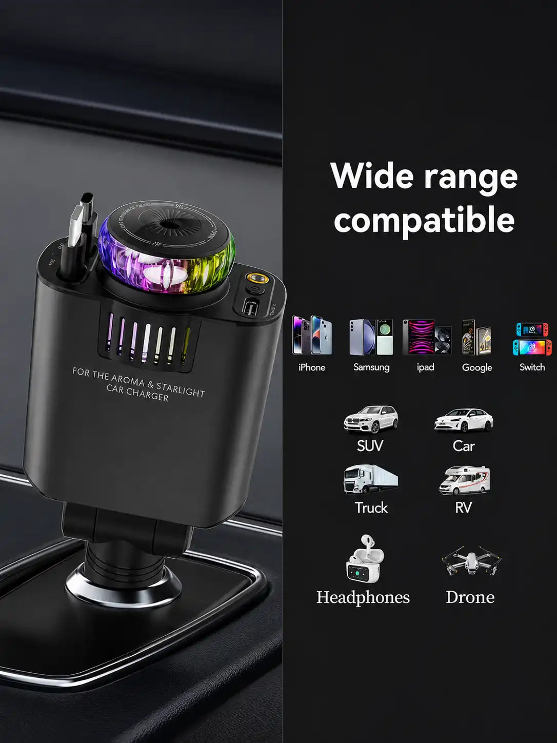 5 IN 1 Starlight Retractable Car Charger with Aroma Diffuser and Built-in USB-C and Lightning Cables for iPhone and Android