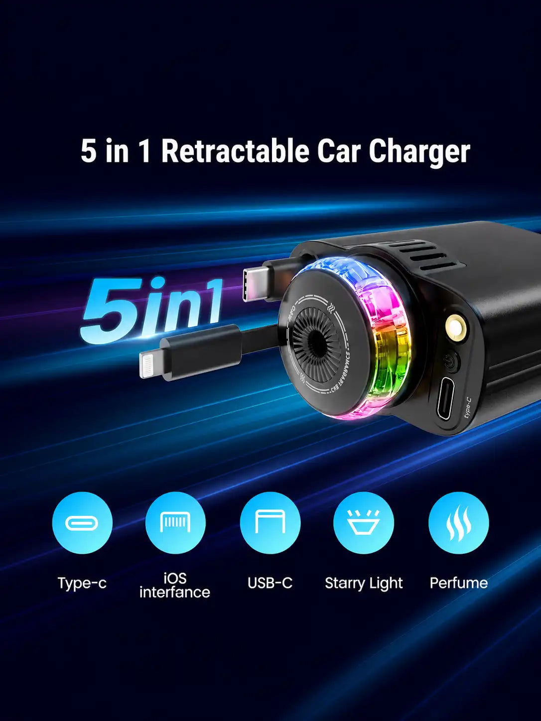 5 IN 1 Starlight Retractable Car Charger with Aroma Diffuser and Built-in USB-C and Lightning Cables for iPhone and Android