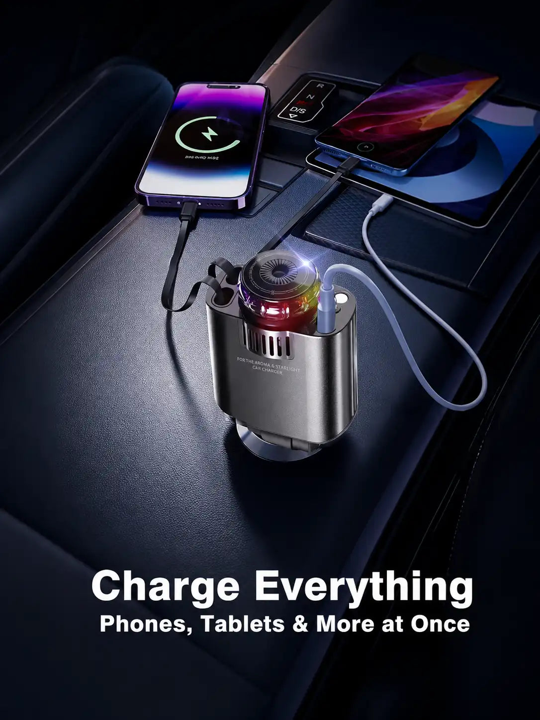 5 IN 1 Starlight Retractable Car Charger with Aroma Diffuser and Built-in USB-C and Lightning Cables for iPhone and Android