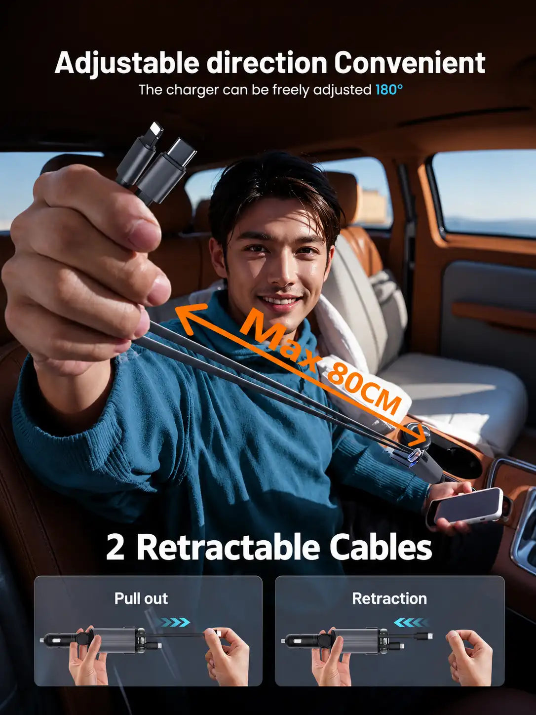 5 IN 1 Starlight Retractable Car Charger with Aroma Diffuser and Built-in USB-C and Lightning Cables for iPhone and Android