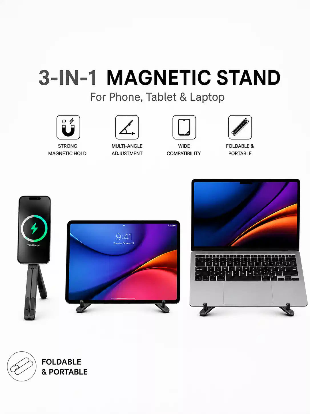Foldable Aluminium Stand for Phone Tablet and Laptop, Magnetic Holder with Adjustable Height, Portable, Silver
