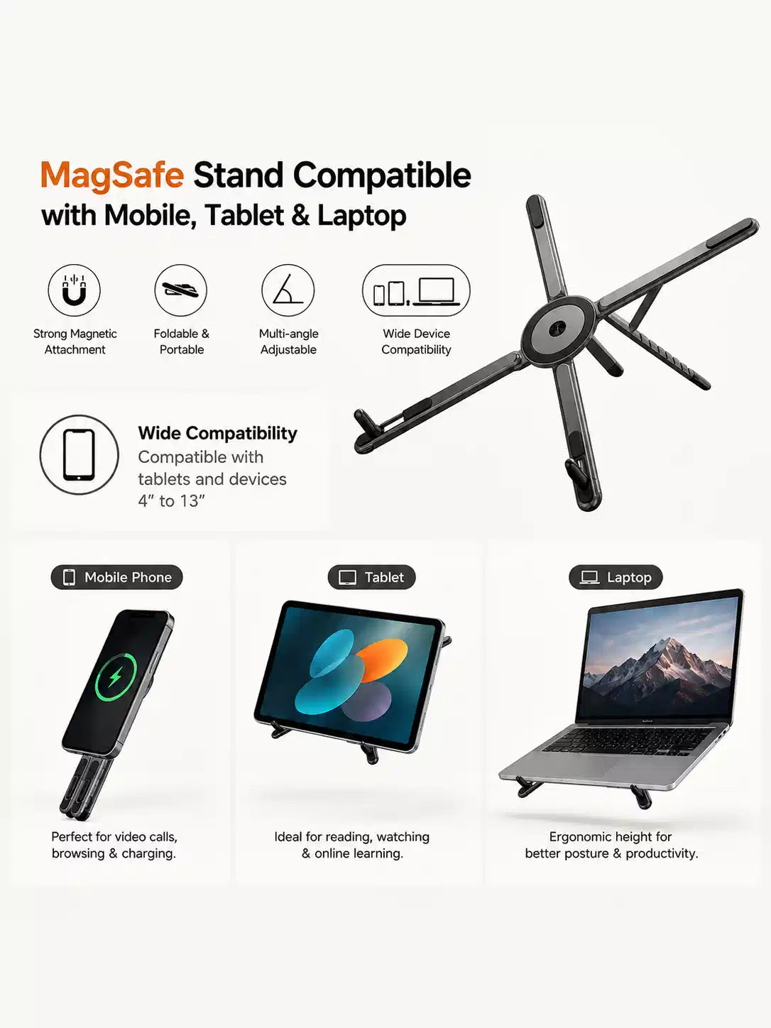 Foldable Aluminium Stand for Phone Tablet and Laptop, Magnetic Holder with Adjustable Height, Portable, Silver