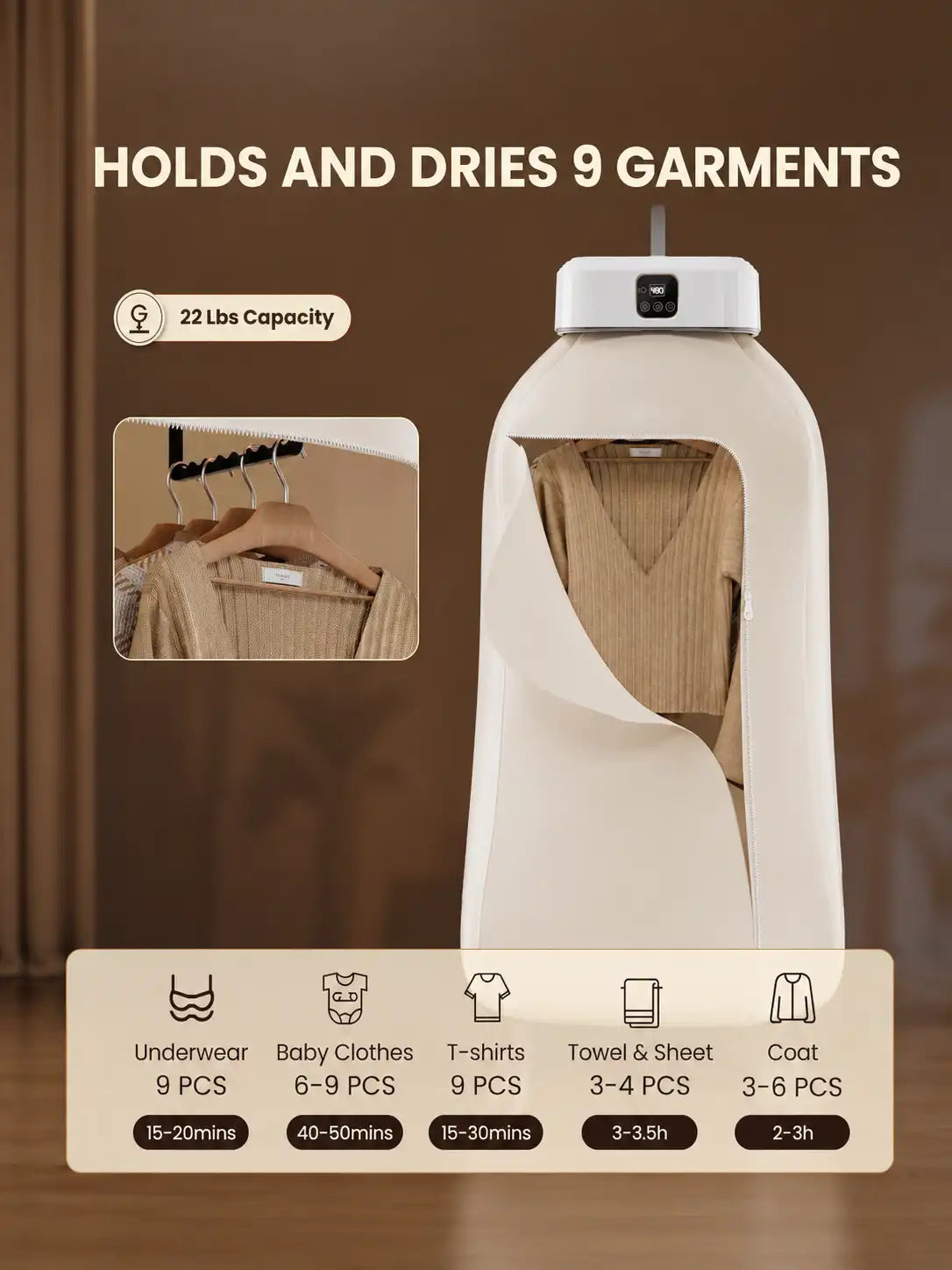 Portable Electric Clothes Dryer, Foldable Hot Air Drying Heater with Cover Bag, Timer, White