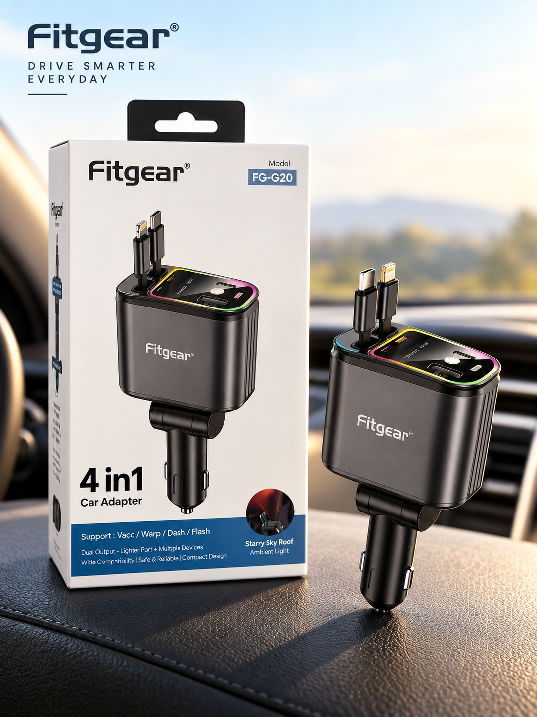 Fitgear 4-in-1 120W Fast Car Charger with Retractable Cables