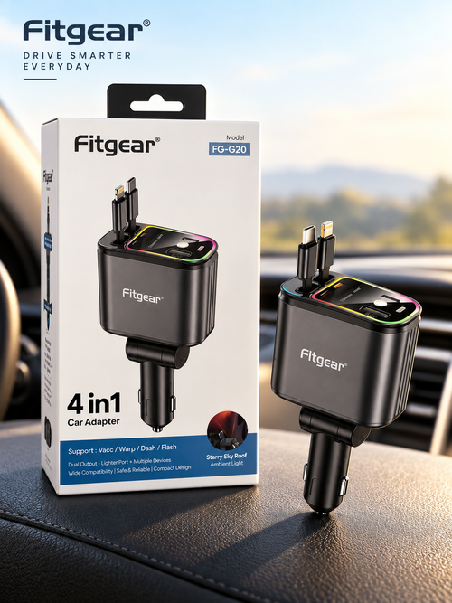 Fitgear 4-in-1 120W Fast Car Charger with Retractable Cables