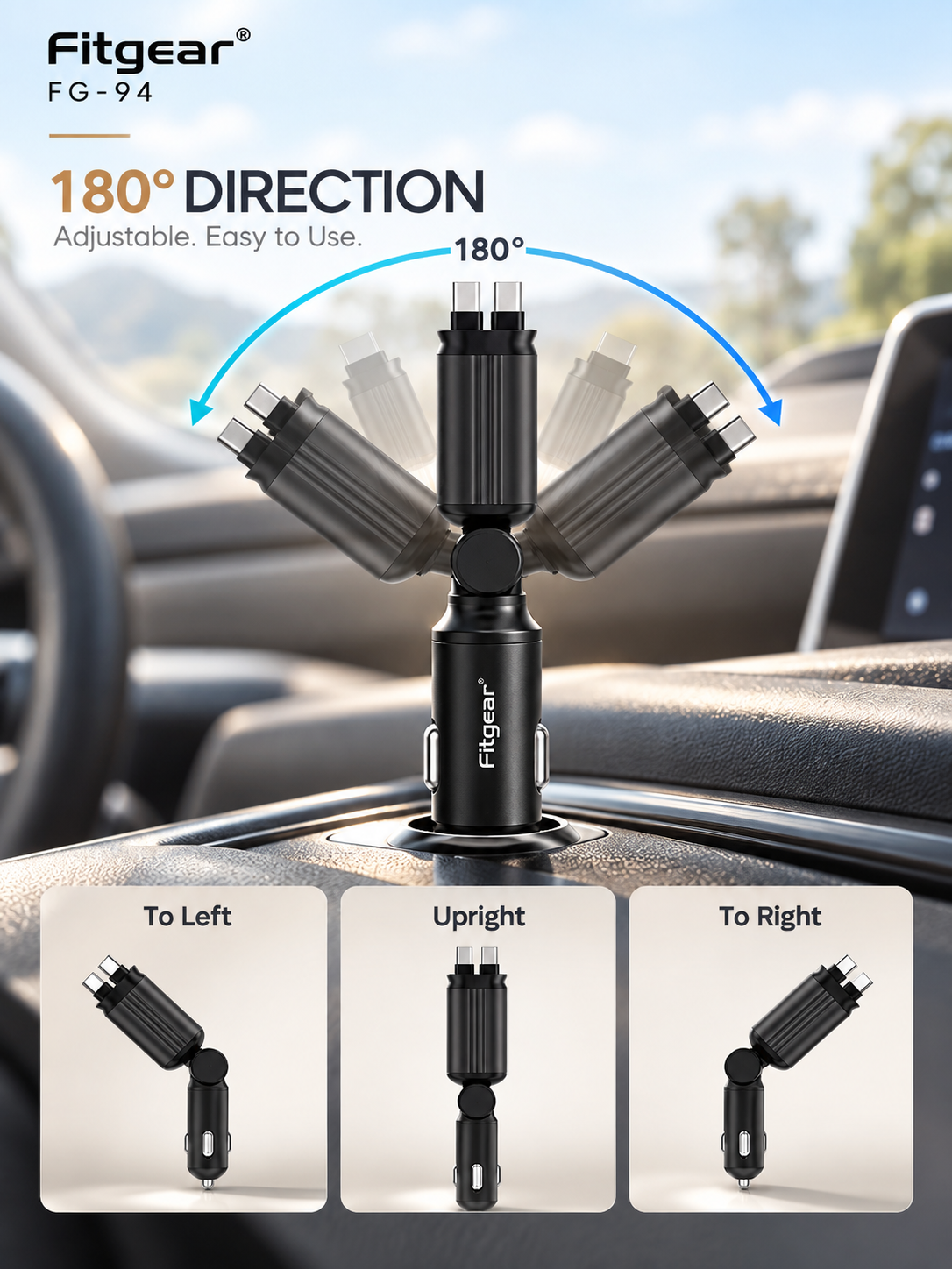 Fitgear 4-in-1 120W Fast Car Charger with Retractable Cables