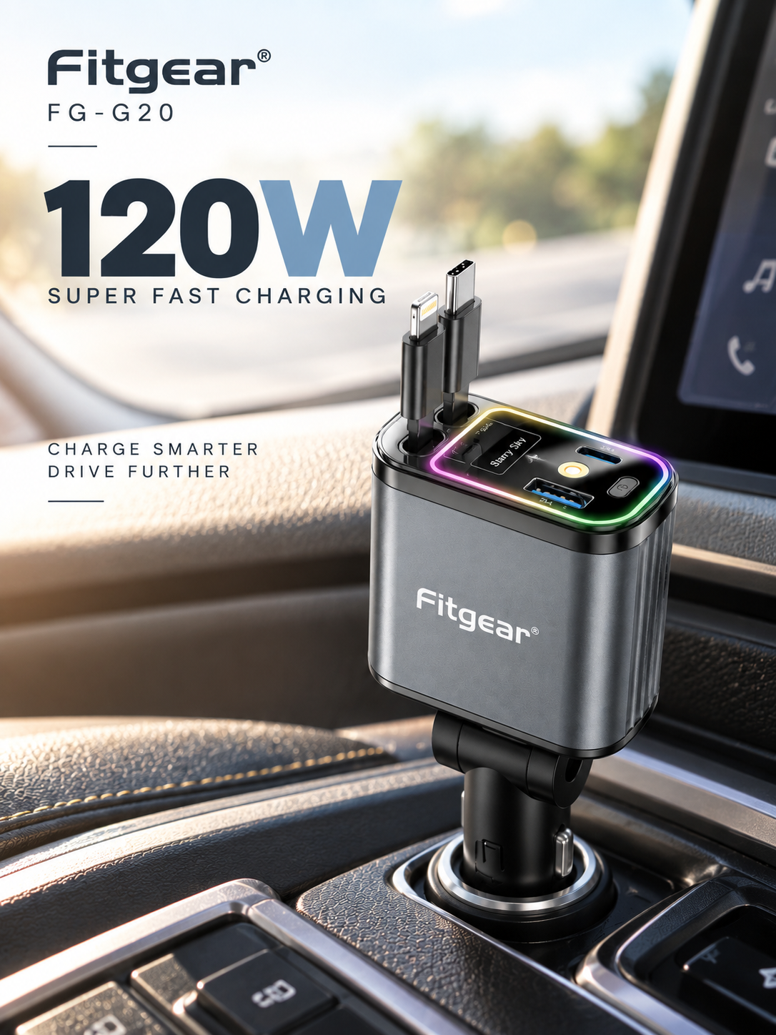 Fitgear 4-in-1 120W Fast Car Charger with Retractable Cables