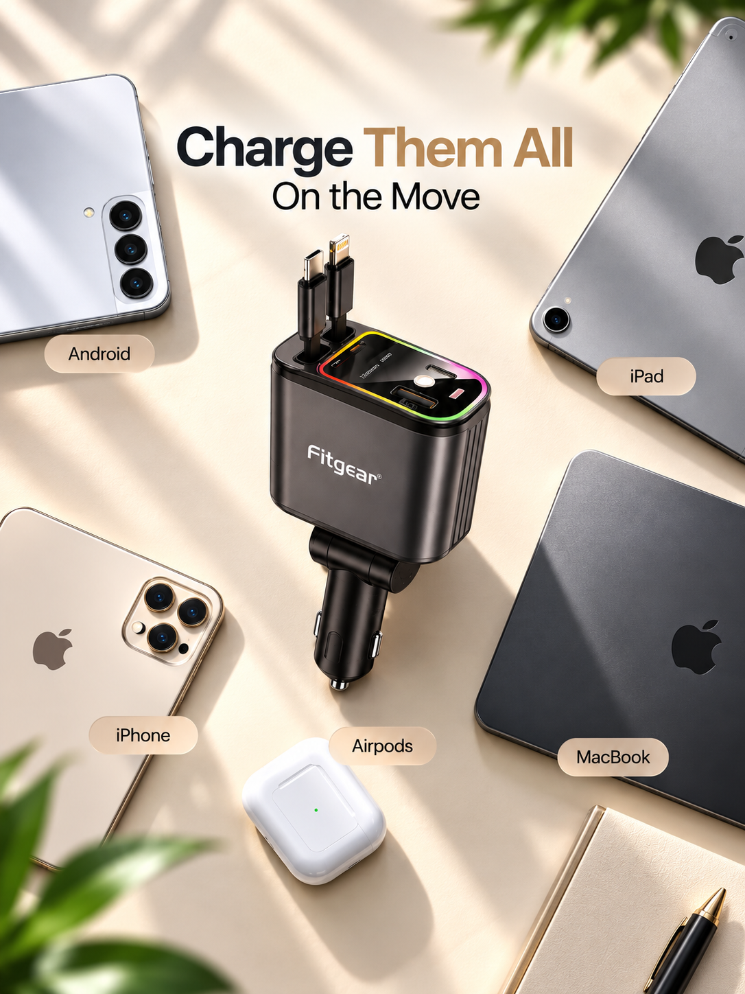 Fitgear 4-in-1 120W Fast Car Charger with Retractable Cables
