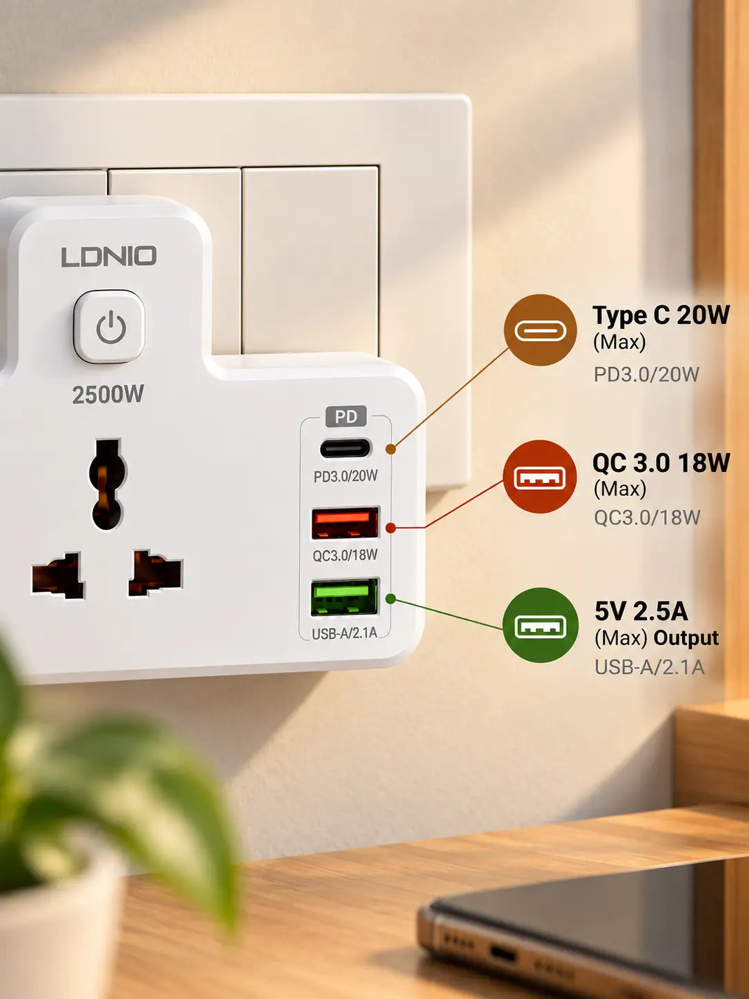 LDNIO 2500W Universal Power Socket with USB Fast Charging