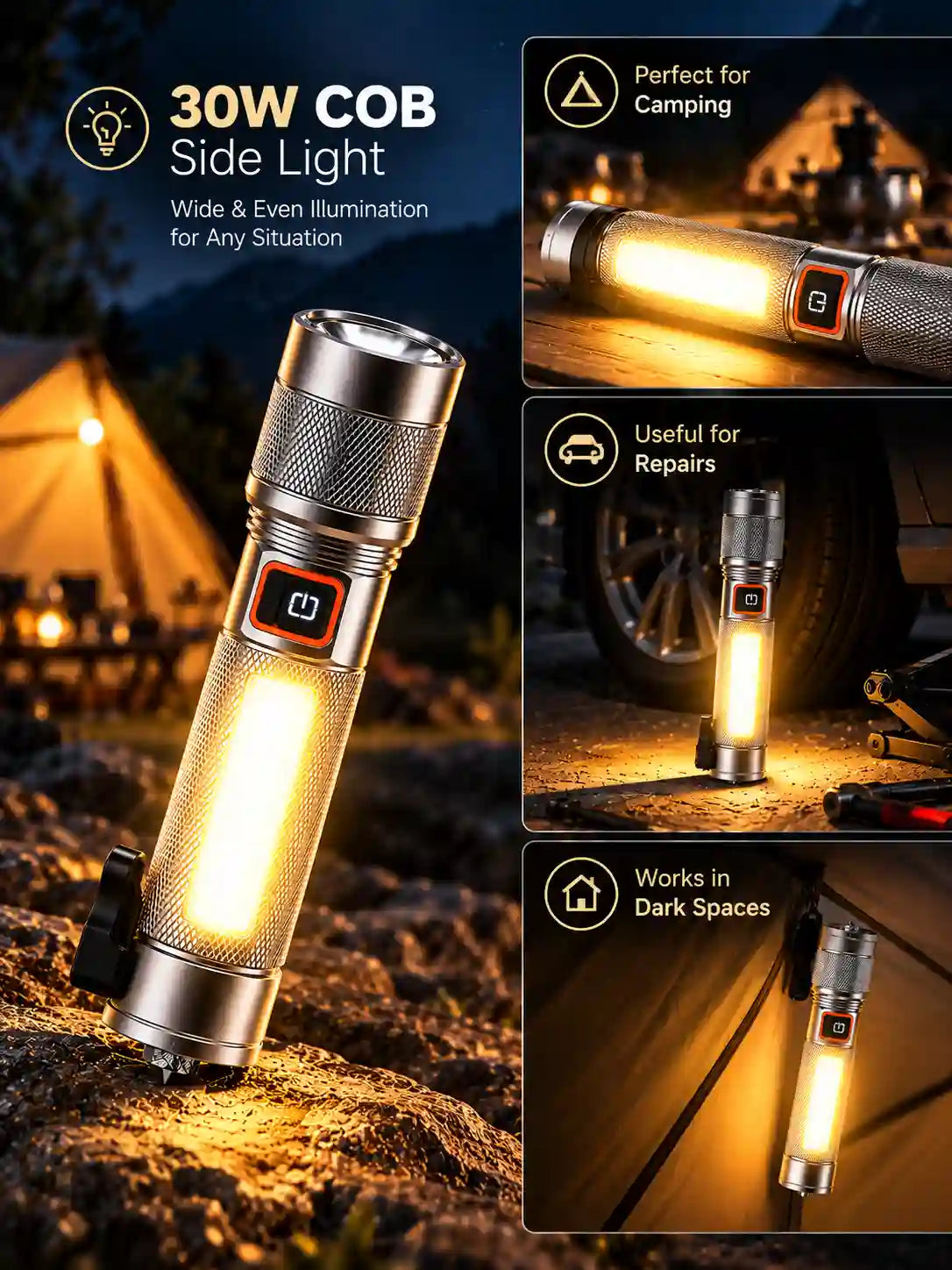 Oryft RF-987C 100W Rechargeable LED Flashlight with 30W COB Side Light