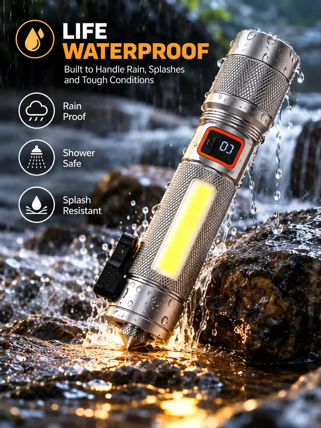 Oryft RF-987C 100W Rechargeable LED Flashlight with 30W COB Side Light