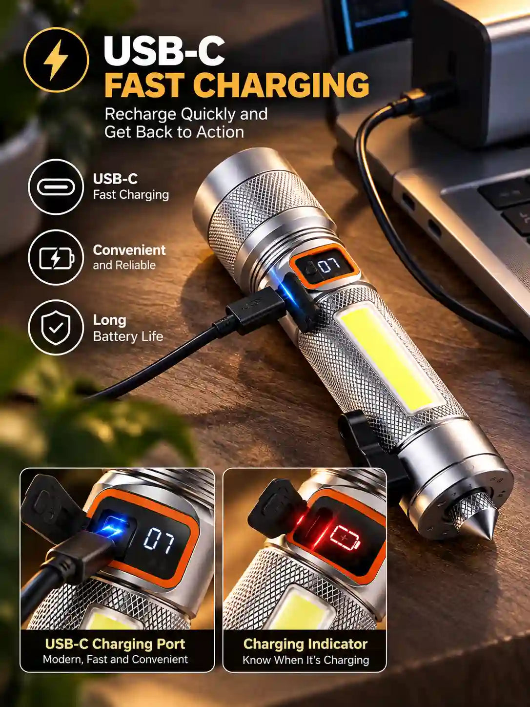 Oryft RF-987C 100W Rechargeable LED Flashlight with 30W COB Side Light