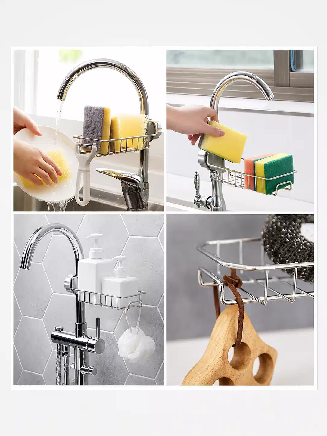 Stainless Steel Tap Rack, Faucet Sponge Holder with Clip-On Clamp, No Drilling, Silver