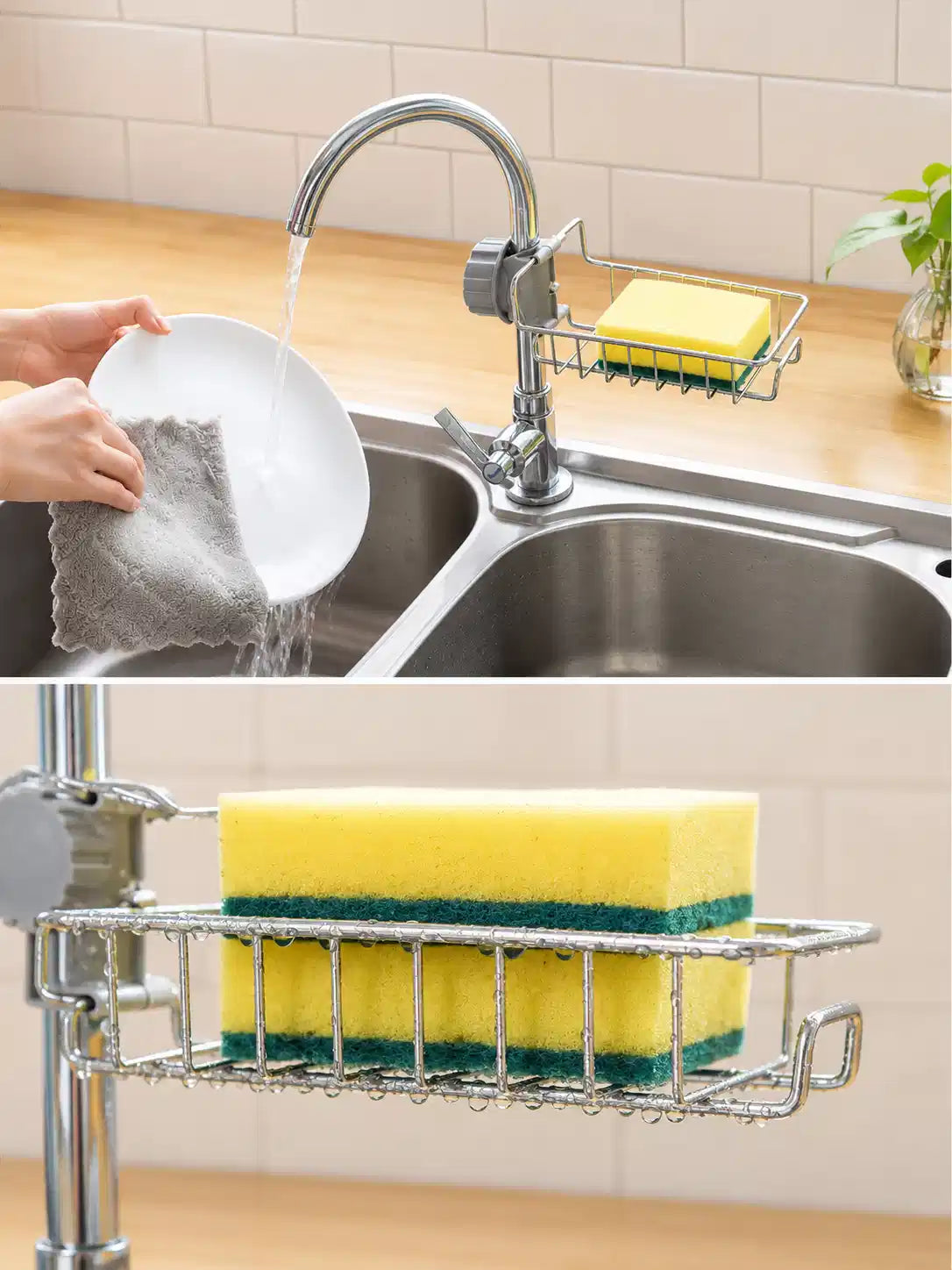 Stainless Steel Tap Rack, Faucet Sponge Holder with Clip-On Clamp, No Drilling, Silver