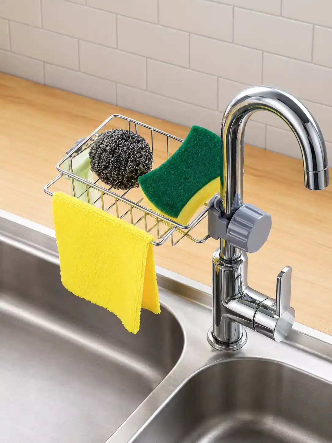 Stainless Steel Tap Rack, Faucet Sponge Holder with Clip-On Clamp, No Drilling, Silver