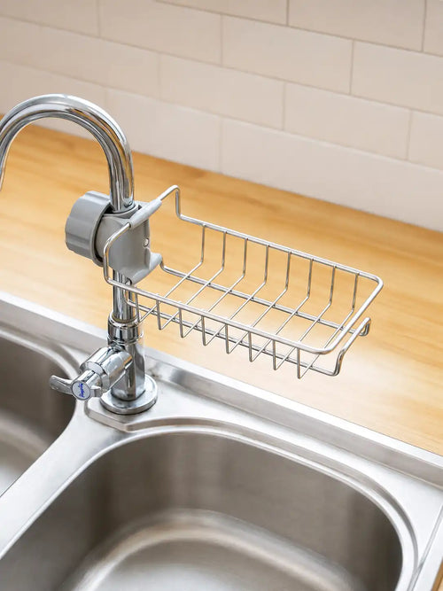 Stainless Steel Tap Rack, Faucet Sponge Holder with Clip-On Clamp, No Drilling, Silver