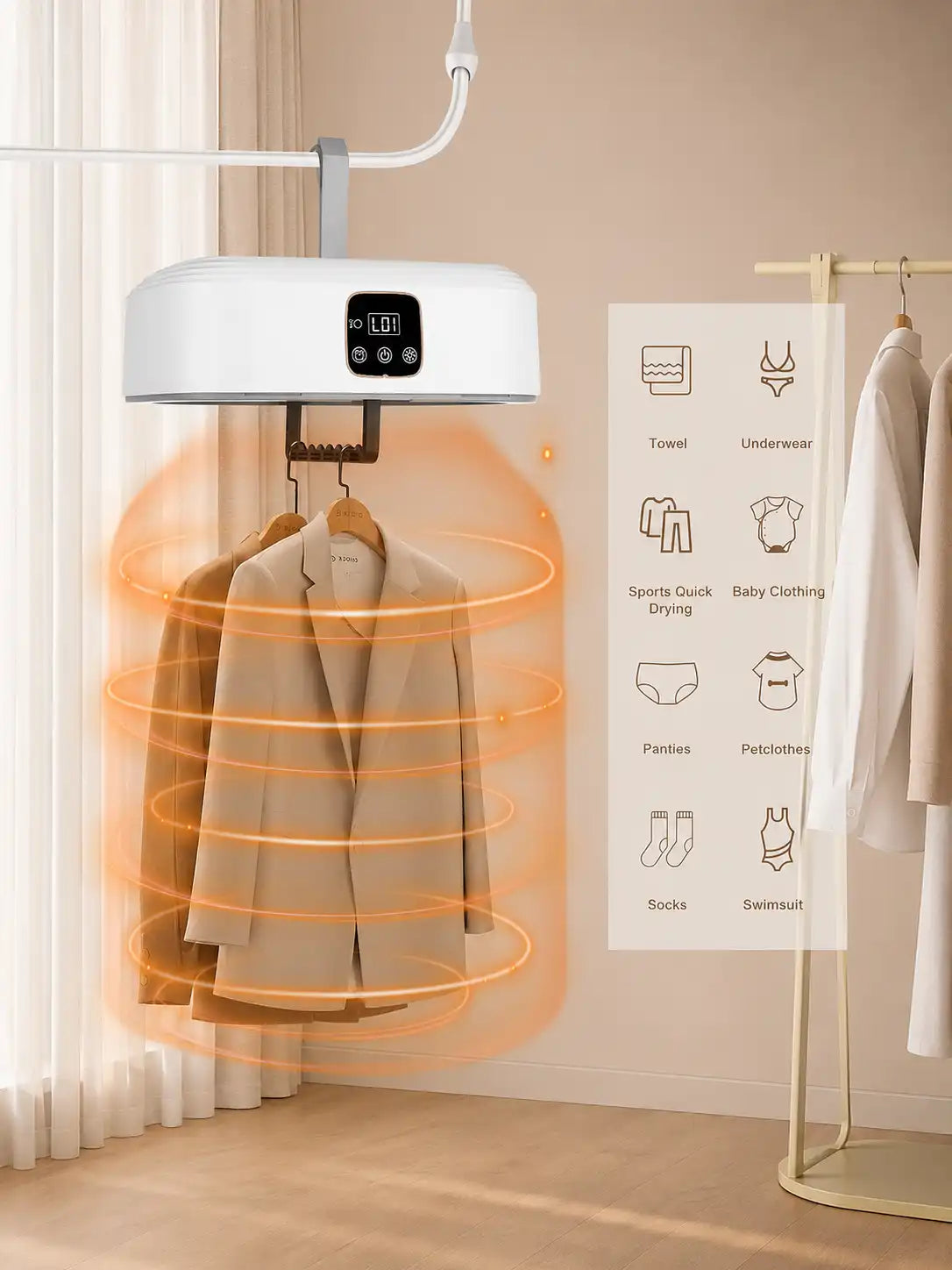Portable Electric Clothes Dryer, Foldable Hot Air Drying Heater with Cover Bag, Timer, White
