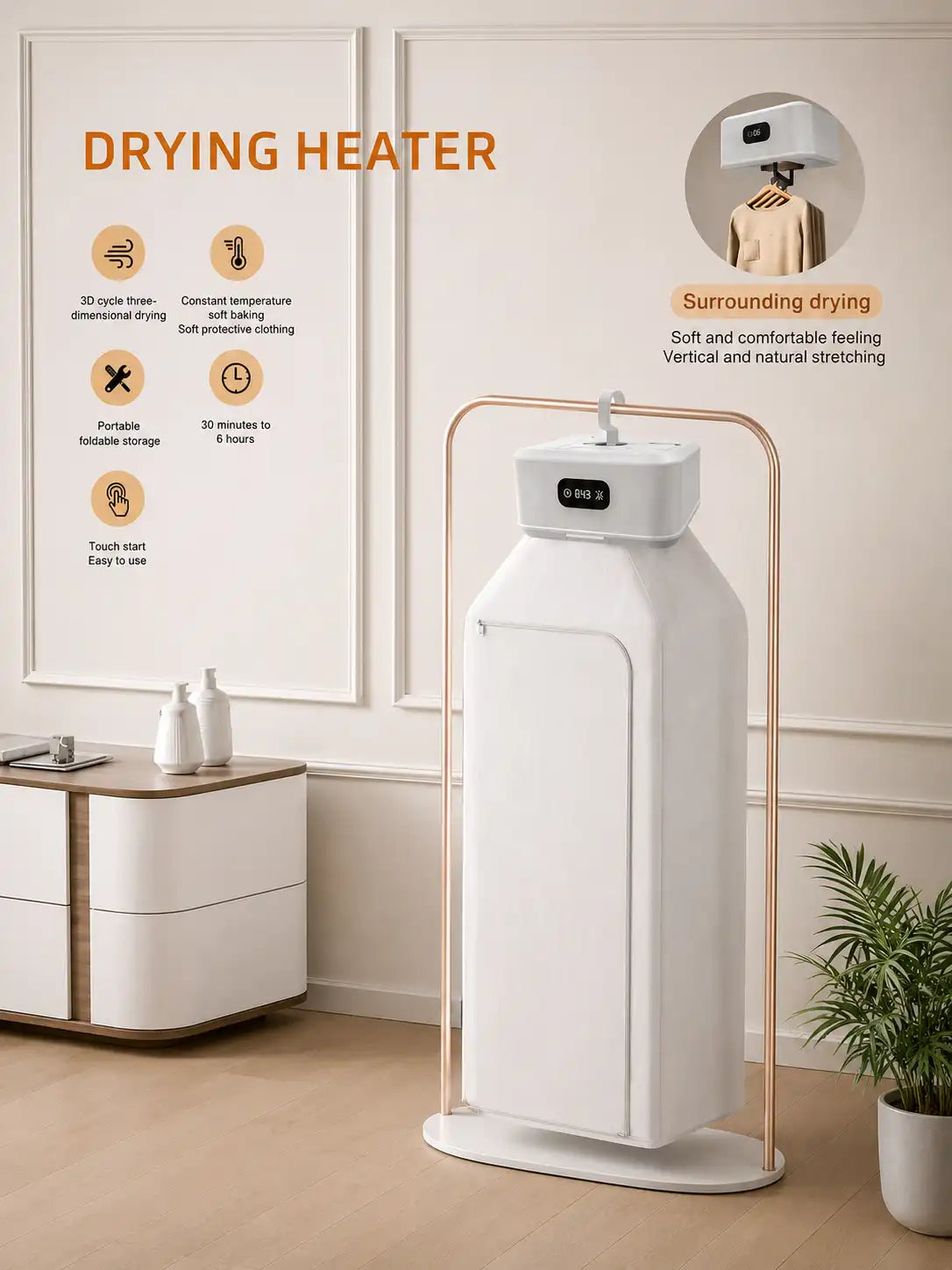 Portable Electric Clothes Dryer, Foldable Hot Air Drying Heater with Cover Bag, Timer, White