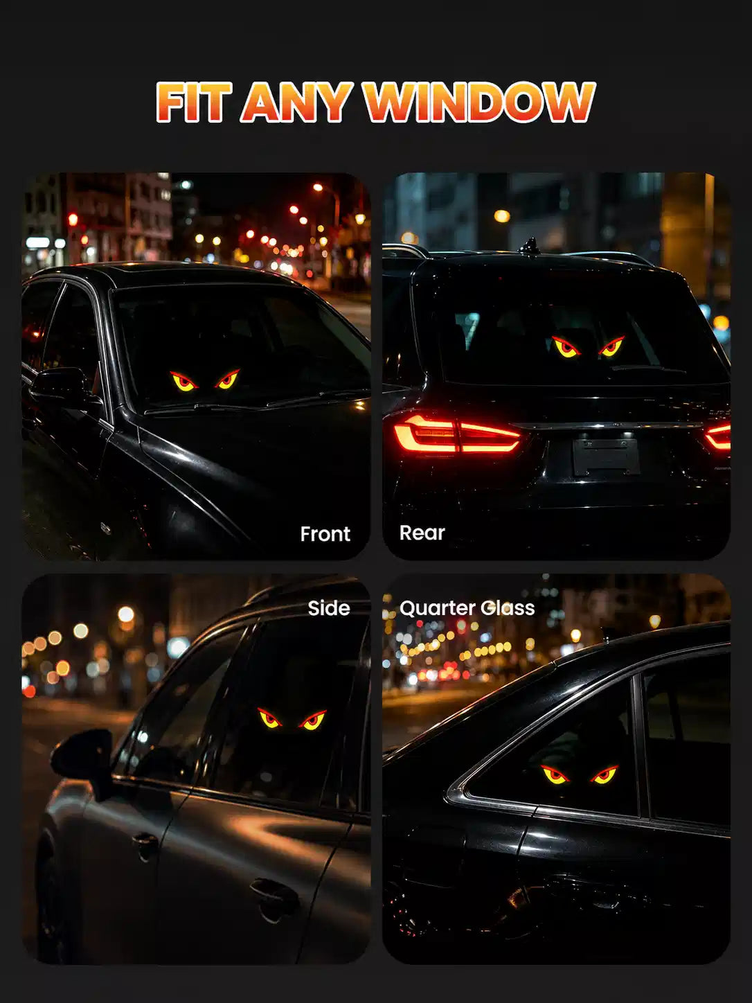 LED Light Up Car Window Sticker, Glowing Eyes Decal, Solar and USB-C Powered, Assorted Designs