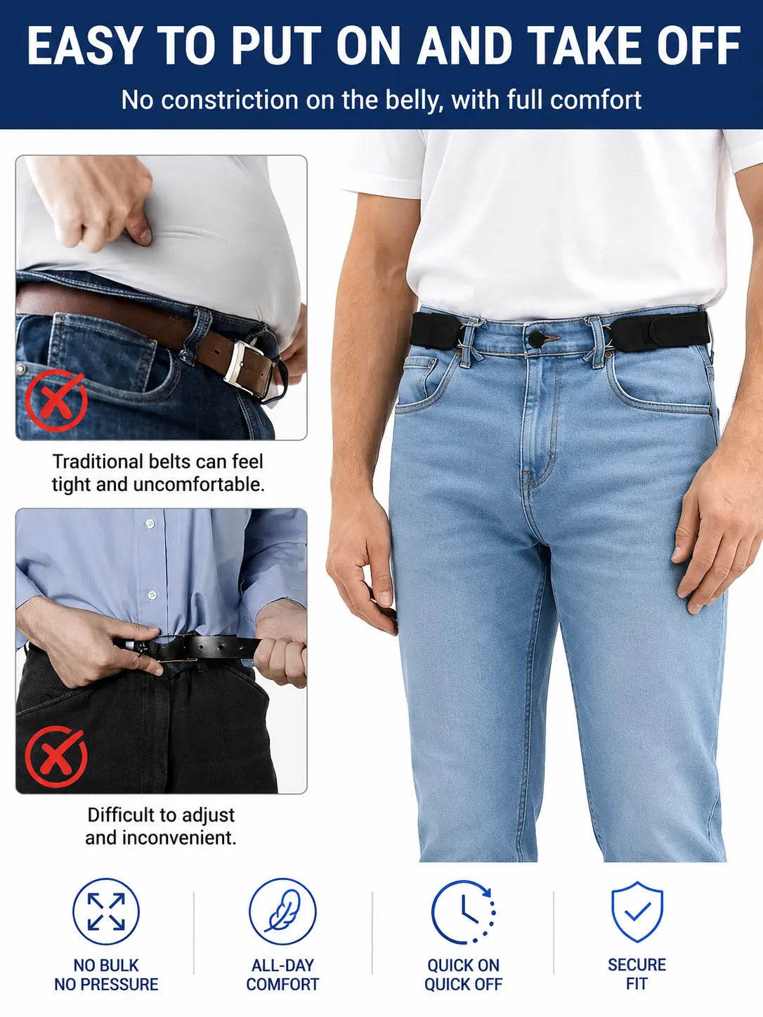 Buckleless Elastic Belt with Metal Hook - Invisible Stretch Waist Belt for Men & Women
