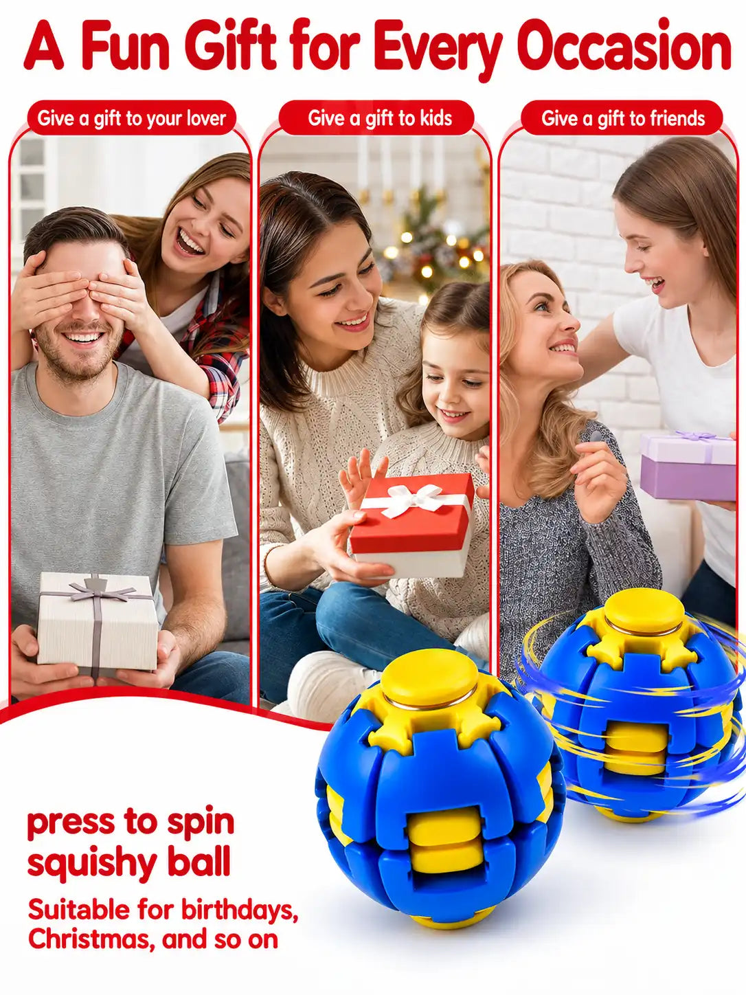 Press to Spin Fidget Ball, 360° Rotating Fidget Spinner Ball, Quiet Sensory Stress Relief Toy for Adult, Kid