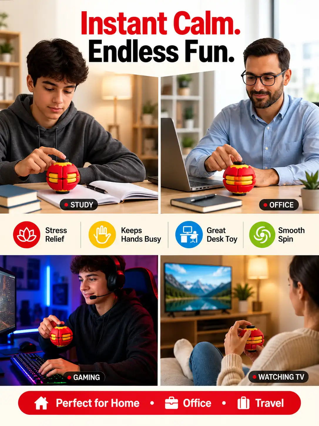 Press to Spin Fidget Ball, 360° Rotating Fidget Spinner Ball, Quiet Sensory Stress Relief Toy for Adult, Kid