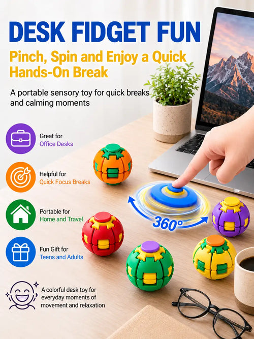 Press to Spin Fidget Ball, 360° Rotating Fidget Spinner Ball, Quiet Sensory Stress Relief Toy for Adult, Kid