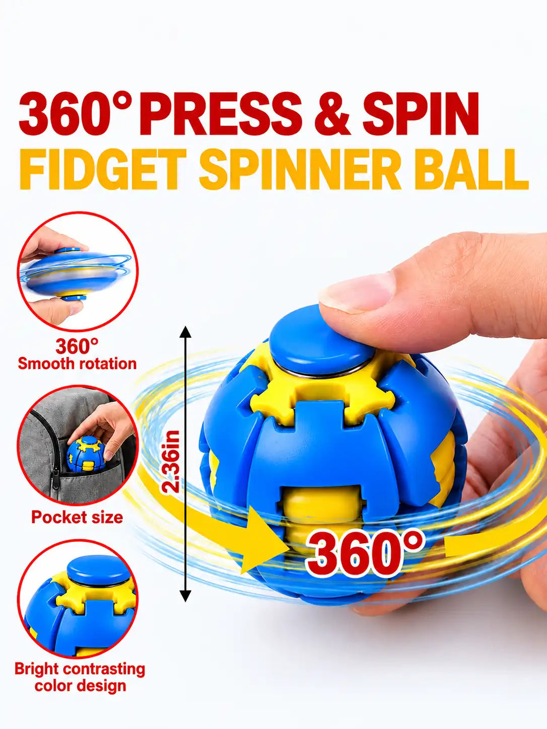 Press to Spin Fidget Ball, 360° Rotating Fidget Spinner Ball, Quiet Sensory Stress Relief Toy for Adult, Kid