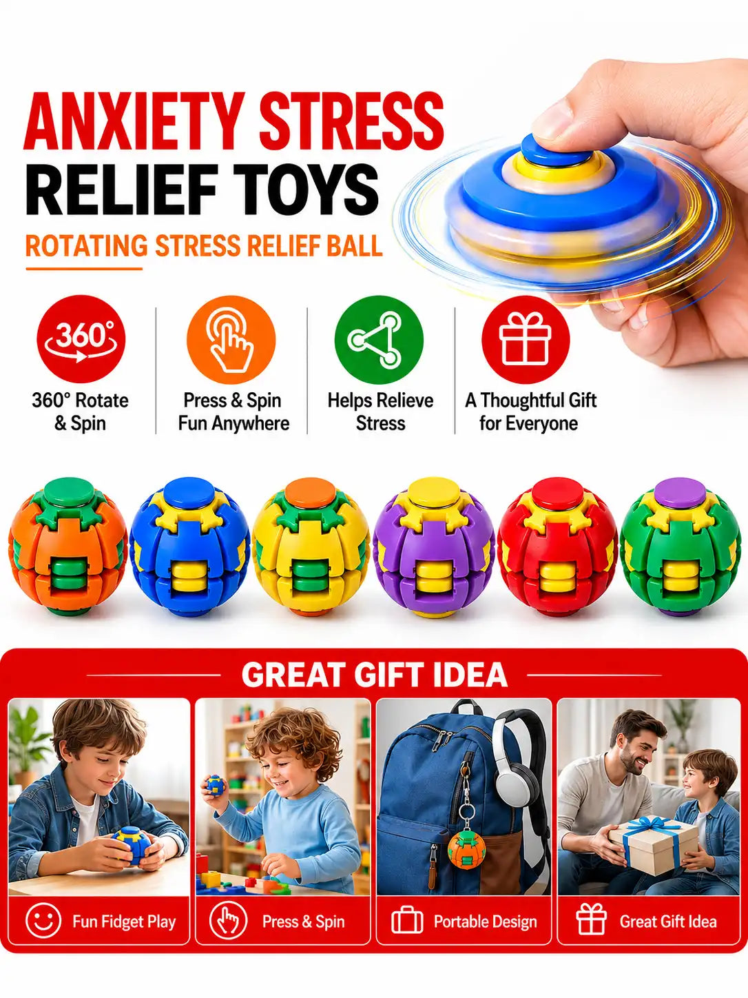 Press to Spin Fidget Ball, 360° Rotating Fidget Spinner Ball, Quiet Sensory Stress Relief Toy for Adult, Kid