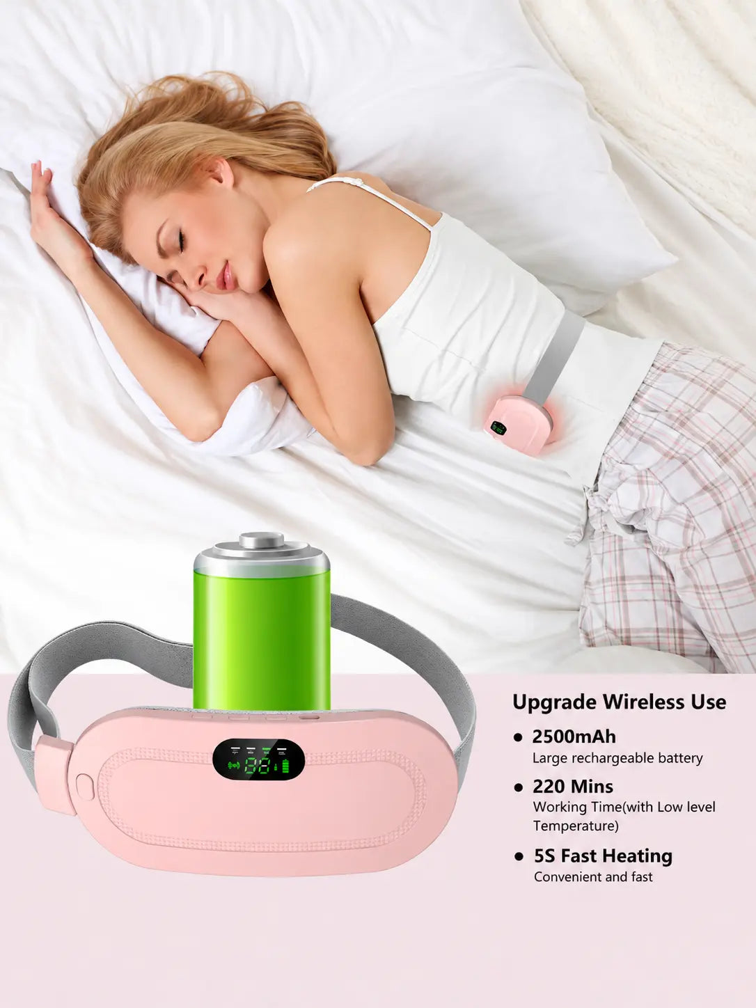 Cordless Heating Pad Belt for Period Cramps | 3 Heat Levels & 4 Vibration Modes | Portable Warm Belt for Stomach & Lower Back