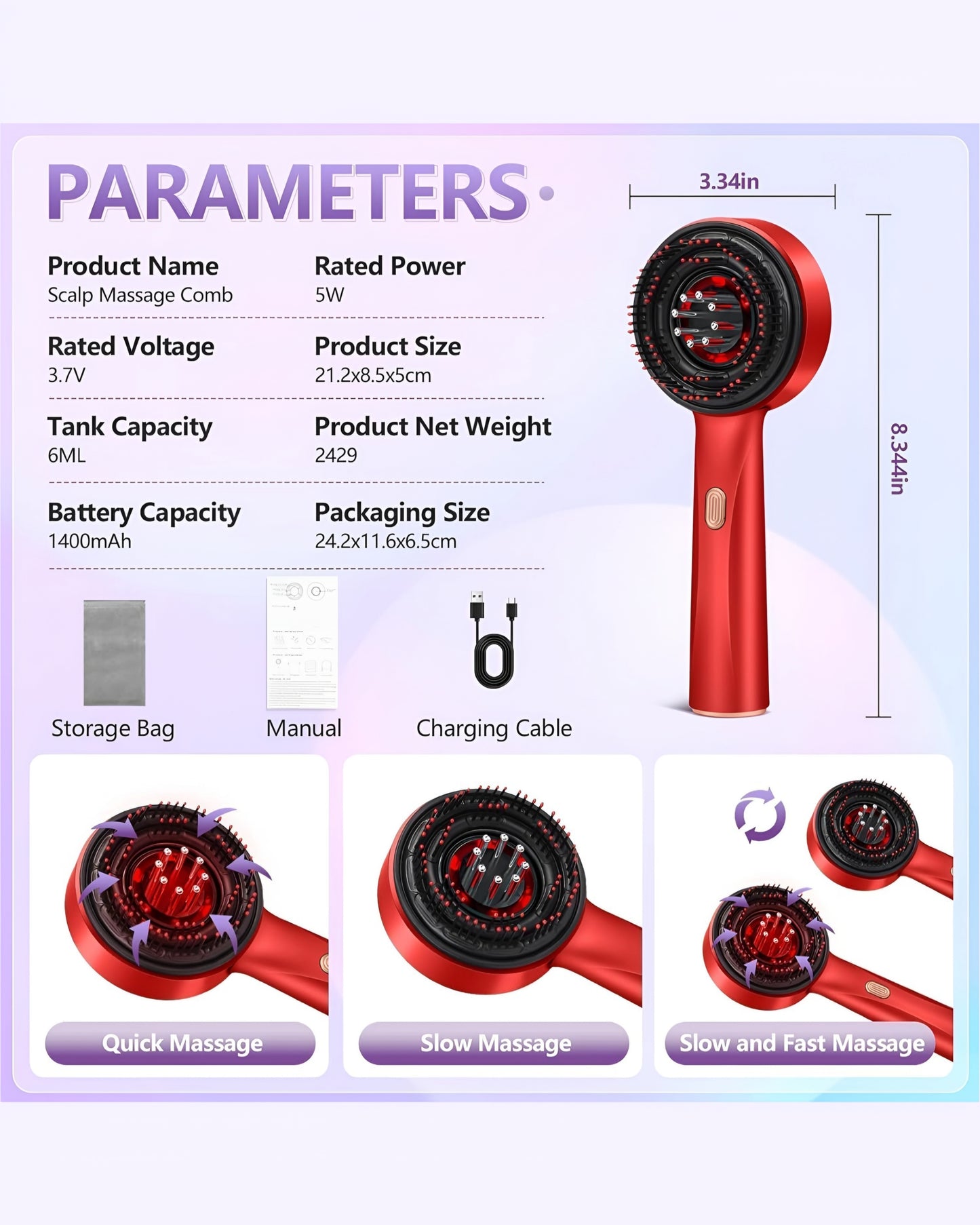 3 in 1 Electric Scalp Massager Brush with Red Light Therapy – Rechargeable Hair Growth Comb with Vibration Massage & Oil Applicator for Men & Women