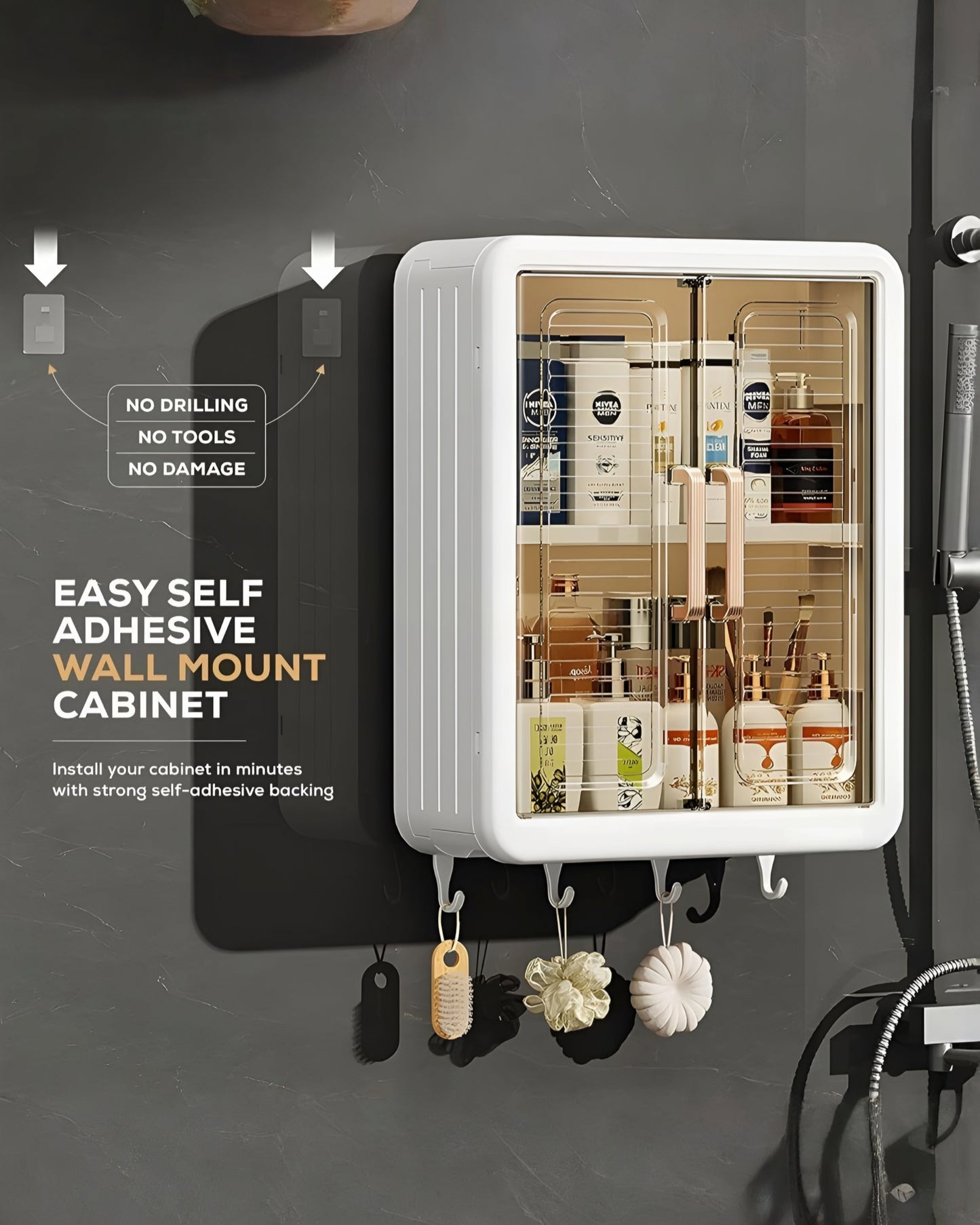 Wall Mounted Storage Cabinet with Transparent Sliding Door & Hooks – Dustproof Organizer for Bathroom, Kitchen & Bedroom