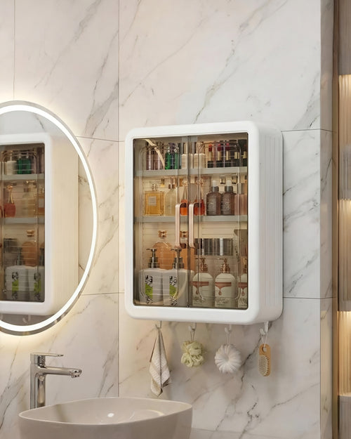 Wall Mounted Storage Cabinet with Transparent Sliding Door & Hooks – Dustproof Organizer for Bathroom, Kitchen & Bedroom